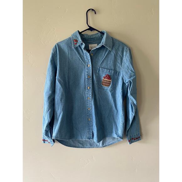 Christopher and Banks Denim Button Down Embroidered Apples in a Basket Shirt - Picture 3 of 7